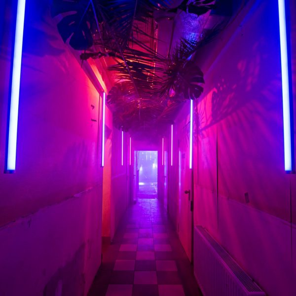 Interieurfoto eines mit Neonröhren beleuchteten Gangs, an dessen Ende ein mit Effektlichtern beleuchteter Raum zu sehen ist